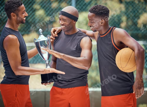 Preview: Award, success and basketball athletes with a trophy as a reward or prize after winning a competiti