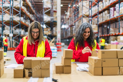 Preview: Warehouse senior womene workers preparing cardboard boxes for delivery