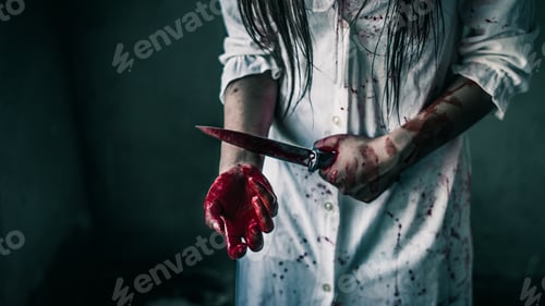 Preview: Ghost woman holding knife for kill a herself with in house. Horror. Halloween.horror of scary fear o