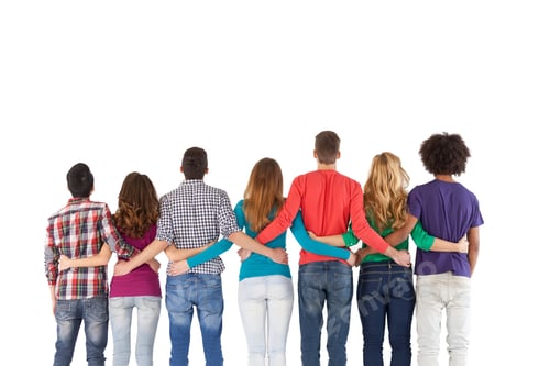 Preview: Team building. Rear view of multi-ethnic people standing close to each other while isolated on white