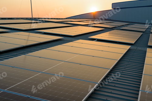 Preview: Solar cell farm power plant and solar panels with sunset in evening