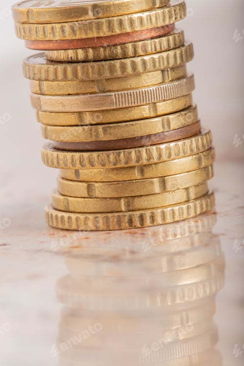 Preview: Gold coins cash money in piles, Isolated on white background