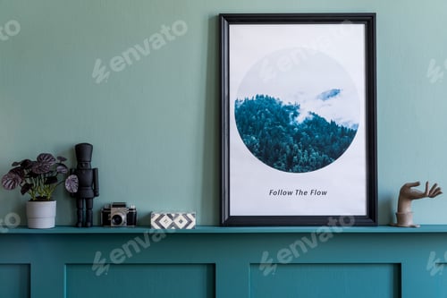 Preview: Creative interior design of living room at cozy apartment with mock up poster frame.