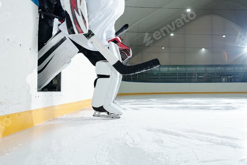 Preview: Hockey player in protective helmet, gloves and skates going out from tribune