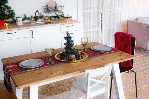 Preview: Loft style Interior white kitchen with christmas decor, xmas