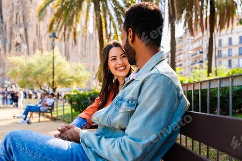 Preview: Multiracial beautiful happy couple of lovers dating in Barcelona