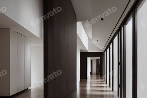 Preview: Lightning long hallway in a modern home. Empty stylish interior corridor space with Mid Century Furn