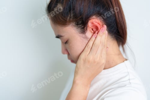 Preview: Woman holding her painful Ear. Ear disease, Atresia, Otitis
