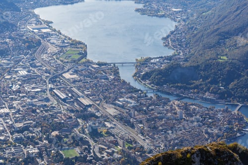 Preview: Mountain landscape, picturesque mountain lake in the summer morning, large panorama. Como, Italy