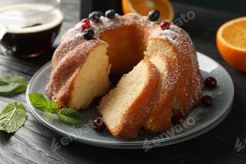 Preview: Cake with powdered sugar, berries and mint on wooden background, close up