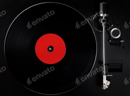 Preview: Flat lay black gramophone playing vinyl record.