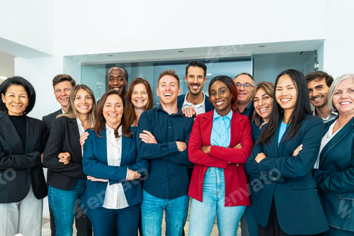 Preview: Group of multigenerational business team standing in front of camera during meeting work