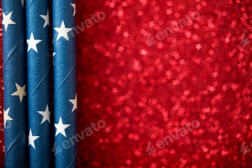 Preview: 4th of July. Red abstract background from bokeh stars of glitters and straw cocktail. Memorial, Pres