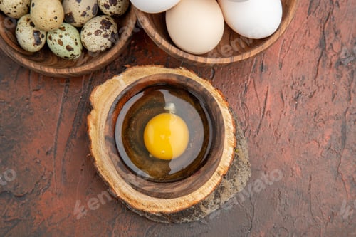 Preview: top view broken raw egg inside plate on dark background breakfast bread tea color animal photo bird