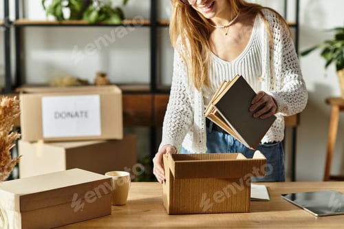 Preview: Young woman supports sustainability by sorting and donating her clothes at home