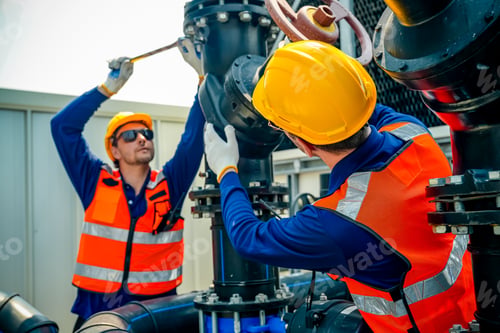 Preview: Two industrial workers in hard hats and safety vests performing maintenance on large pipes