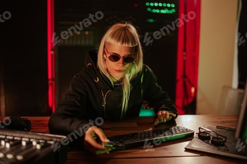 Preview: Young woman programming in dark server room
