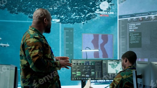 Preview: Military team operating in a high tech command post control tower