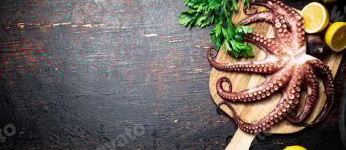 Preview: Octopus on a wooden cutting board.