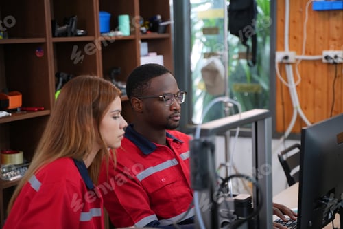 Preview: Engineers are working at 3D printing workshop.