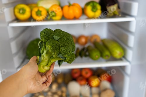 Preview: Open fridge full of vegetables and fruits. Woman takes fresh broccoli from refrigerator.