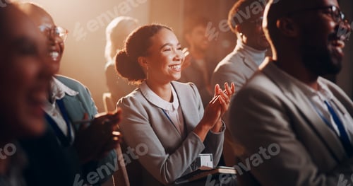 Preview: Woman, happy or crowd applause at presentation for business, employee engagement or positive feedba