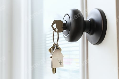 Preview: House keys hanging from a doorknob of a new home that is being sold by a realtor.
