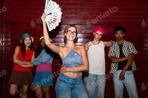 Preview: Multiethnic group of young friends having fun on the stretts in the night