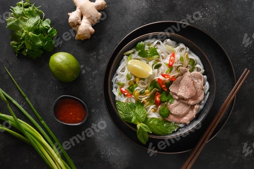 Preview: Pho Bo Soup with beef, rice noodles, lime, chili pepper in gray bowl. Vietnamese cuisine.
