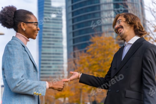 Preview: Multiethnic businessmen and businesswomen greeting each other, good work environment