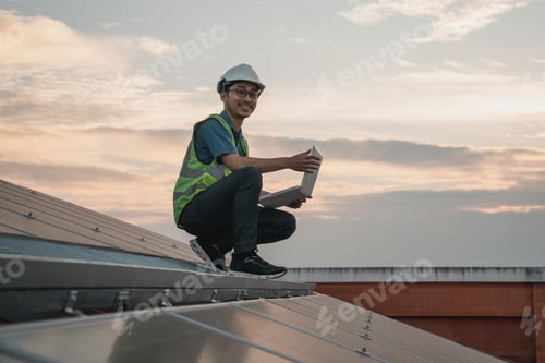 Preview: Service engineer checking solar cell on the roof for maintenance if there is a damaged part.