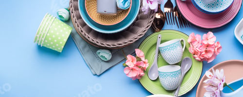 Preview: Tableware dish set on blue pastel background