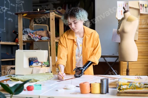Preview: Girl with Prosthetic Arm Sewing Clothes in Atelier
