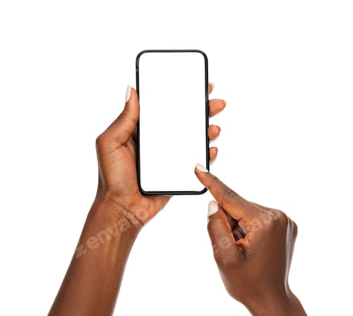 Preview: Black woman hands using smart phone on white background