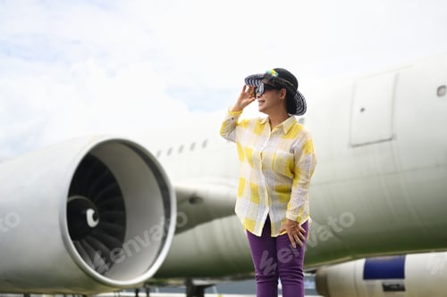 Preview: Active 60s woman in summer clothing and sunglasses walking on runway near airplane.