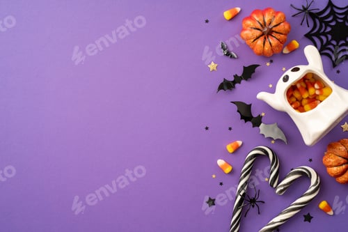 Preview: Top view of Halloween decorations including candy, a ghost, bats