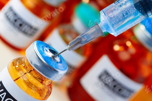 Preview: Medical vial with medication and syringe close up