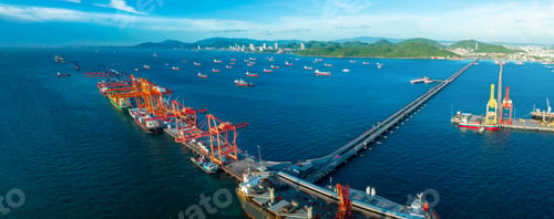 Preview: Cargo ship carrying container mooring ship at cargo international port and long Bridge for the Truck