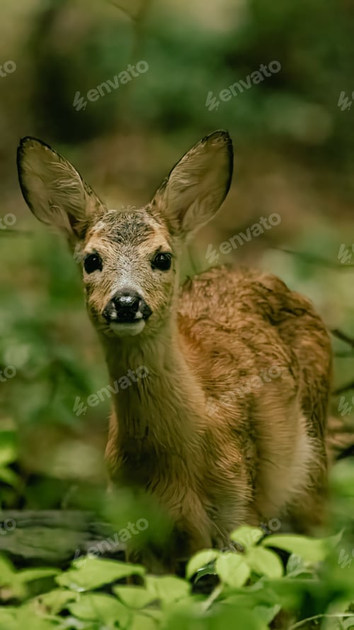 Preview: Young deer with big eyes in a forest