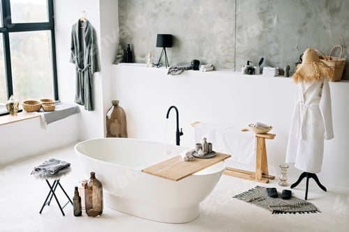 Preview: White modern bath in contemporary apartment with stylish loft style interior design, home decor.