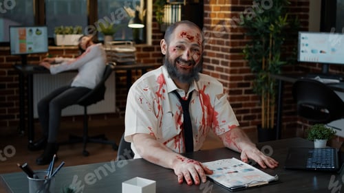 Preview: Creepy office zombie with bloody and deep face scars smirking spooky while giving thumbs up.