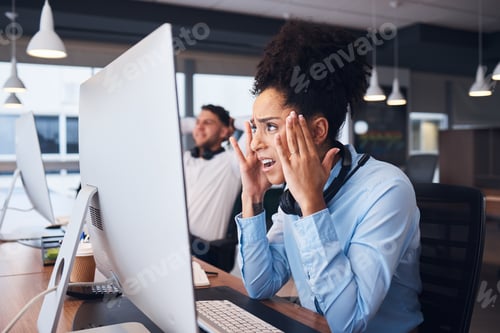 Preview: Stress, call center and woman in office with glitch, 404 or internet delay while working in custome