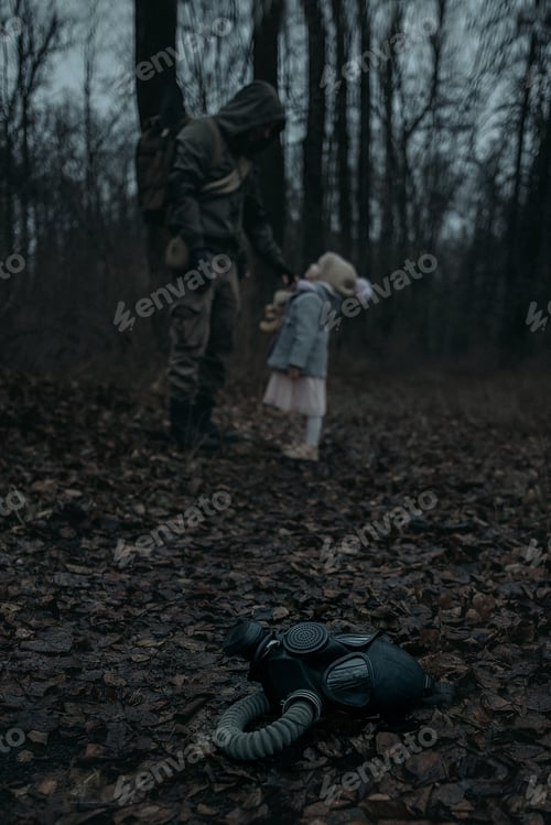 Preview: A man or stalker in camouflage and a little girl in a light coat and a delicate pink skirt.
