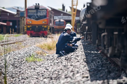 Preview: Engineer under inspection and checking construction process railway and checking work on railroad st