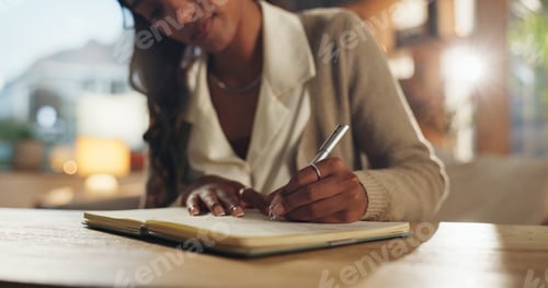 Preview: Hands, business and woman with notebook, writing and planning for project, schedule and deadline. P