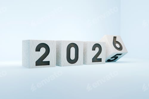 Preview: 2026 growth business. wooden block with 2025 change to 2026, Set up objective target business cost
