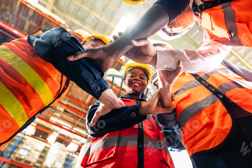 Preview: Group of diverse industrial worker work together in manufacturing plant.