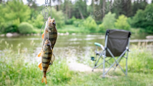 Preview: Perch on fishing-rod on a blurred lake background.