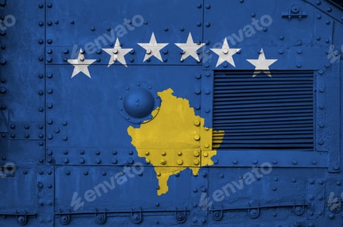 Preview: Kosovo flag depicted on side part of military armored tank close up