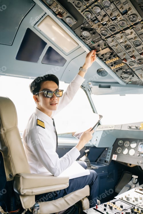 Preview: Asian Confident male pilot in uniform leaning at the passenger seat while standing inside